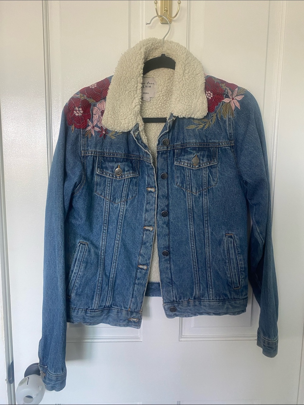 Love Tree Blue Denim Sherpa Jacket with Pink & Red Floral Embroidery